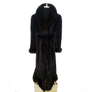 Vtg Dark Brown Belted Mink Coat XL